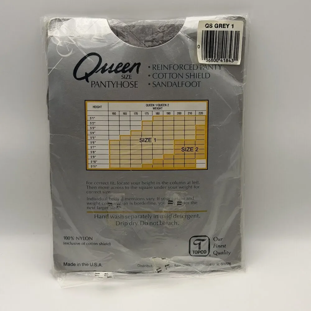 Top Care Pantyhose Vintage Queen Size Gray Reinforced Toe NOS 80s Cotton Shield